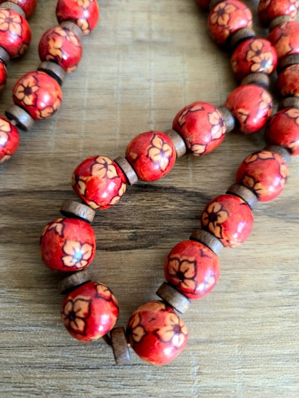 African Wooden Hand Painted Red Beaded Necklace with Floral Design. Light weight